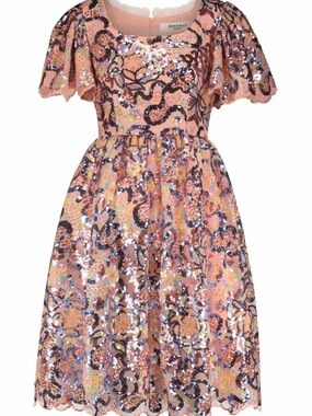 JessaKae Decadence Sequin Beaded Midi Dress Pink Floral Scalloped XS